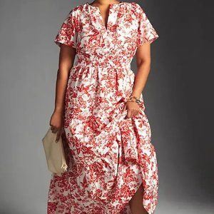 NWT Anthropologie Somerset Tiered Maxi Dress Botanical Vines Leaves Red